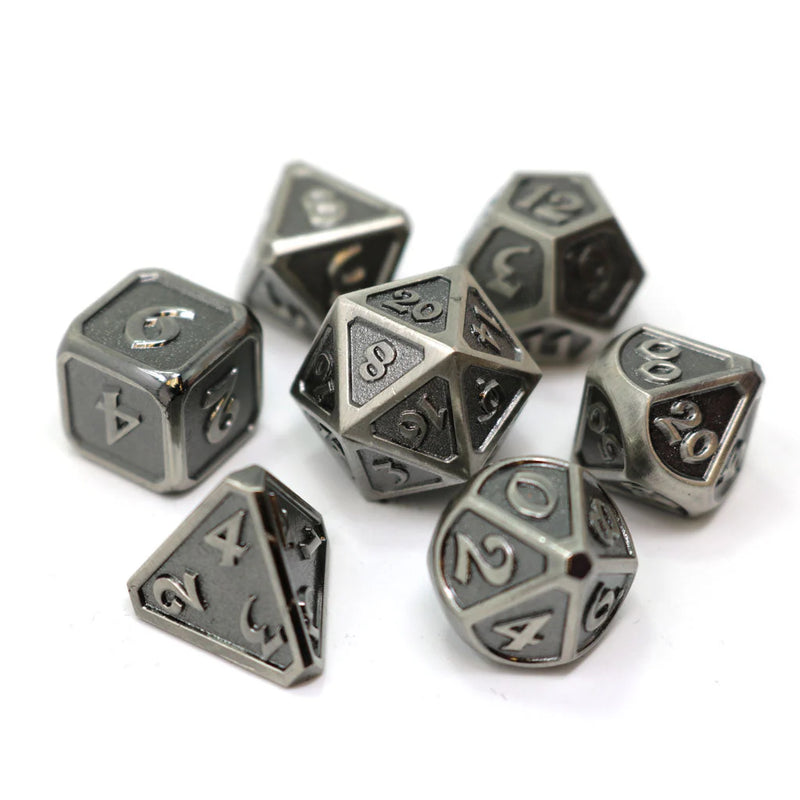 Die Hard Dice 7 Die Metal Dice Set: Mythica - Battleworn Silver