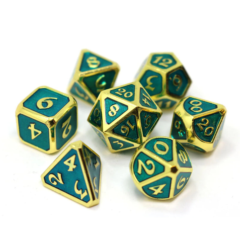 Die Hard Dice 7 Die Metal Dice Set: Mythica - Gold Aquamarine