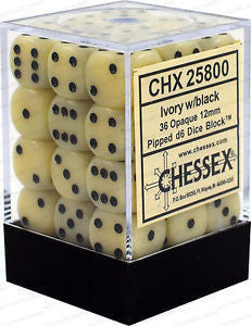 Chessex Opaque: 12MM D6  Ivory/Black (36)