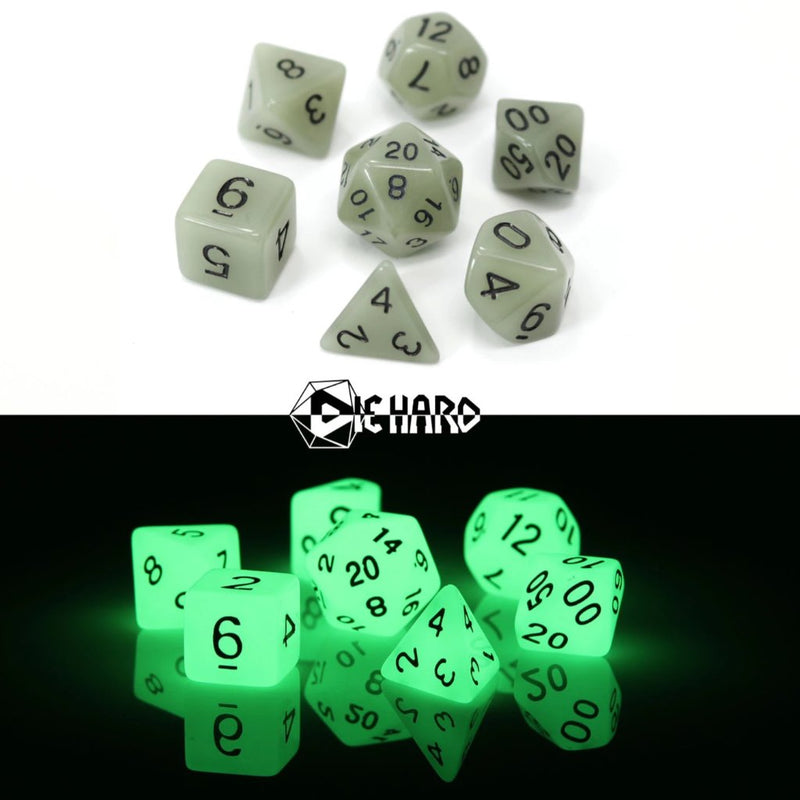 Die Hard Dice 7 Die RPG Dice Set: Glow-in-the-Dark-White