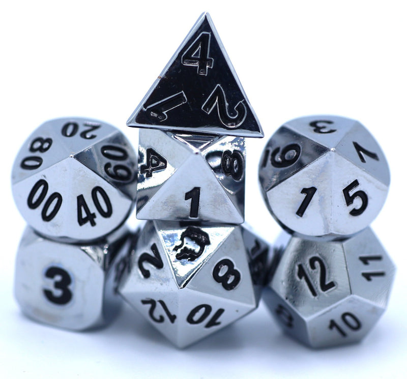 Hymgho Solid Metal Dice - Shiny Nickle & Black Polyhedral Set (7)